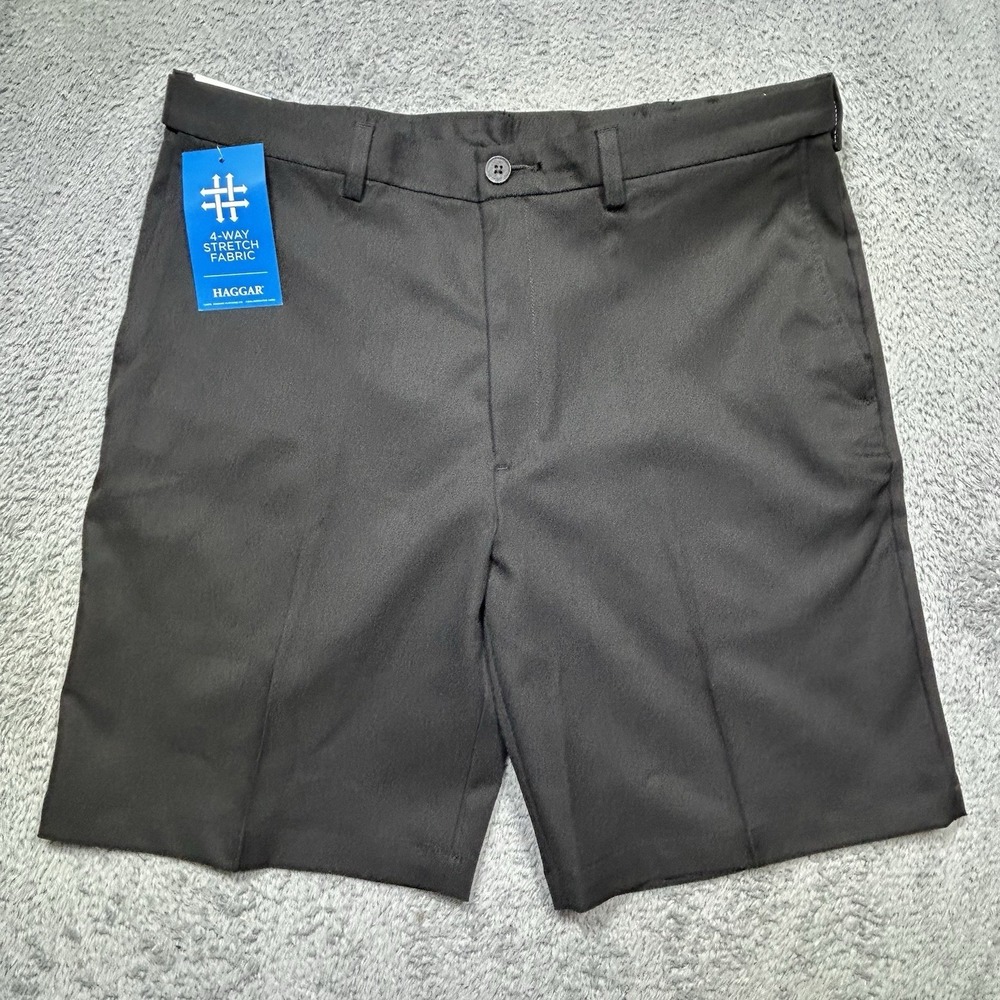 Haggar Shorts Men's 36 Black Cool 18 PRO Flat Front Chino 9‎ Ins. Activewear NEW